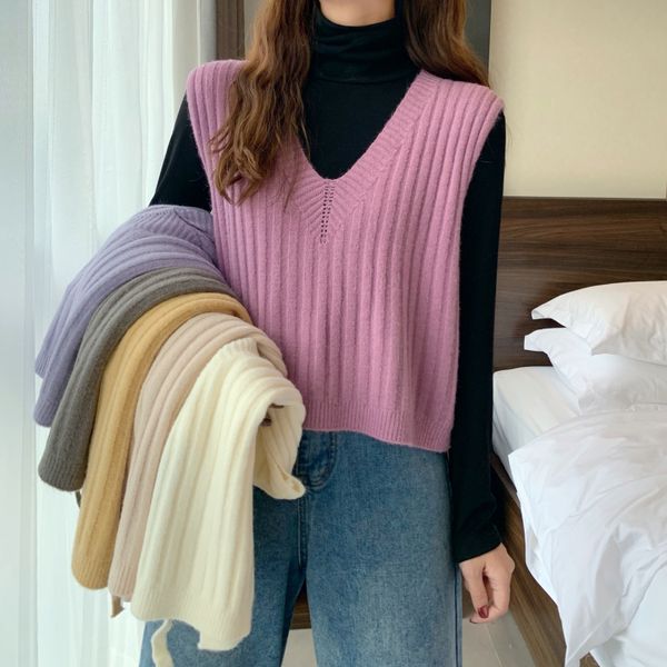 

new autumn winter women's sweater vest fashion sweet style v neck sleeveless solid color back bandage loose jumper for female, Black;white