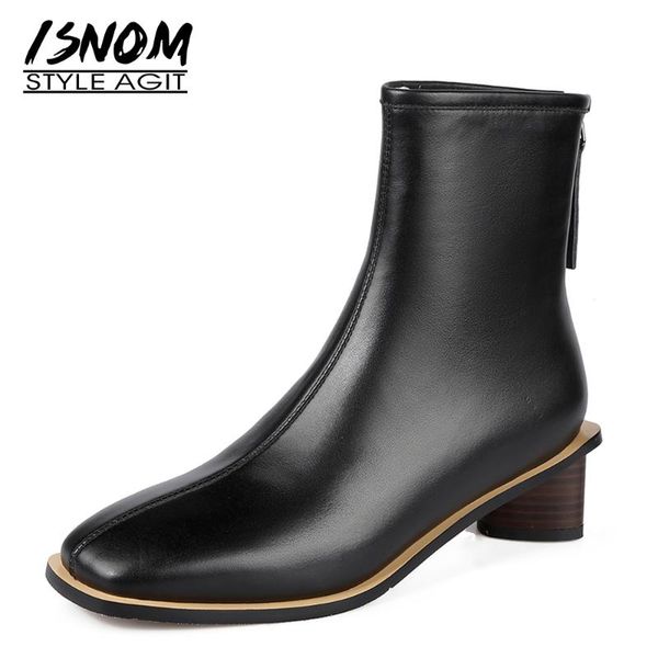 

boots isnom vintage lady ankle woman genuine leather square toe shoes strange med heels booties zipper autumn women 2021, Black