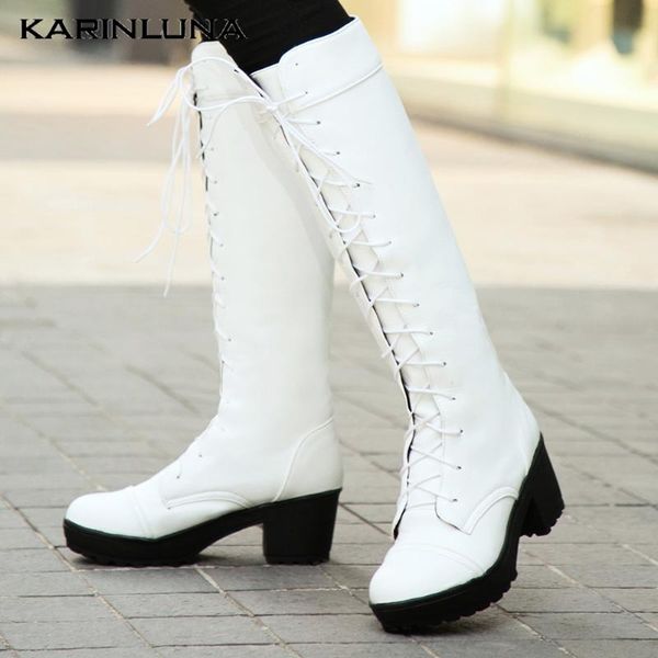 

boots plus size 43 lace up platform square high heels winter riding women shoes, Black