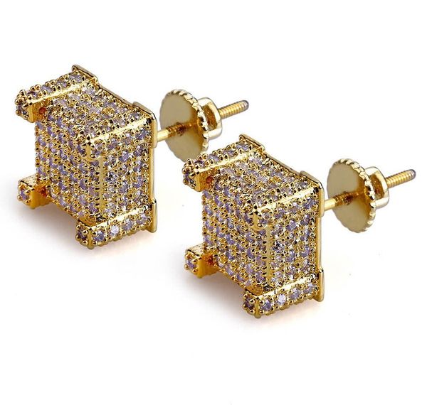 

fashion luxury earrings for hip hop men grade quality 18k gold plated copper square zircon stud earrings 925 silver ear caps002, Golden;silver