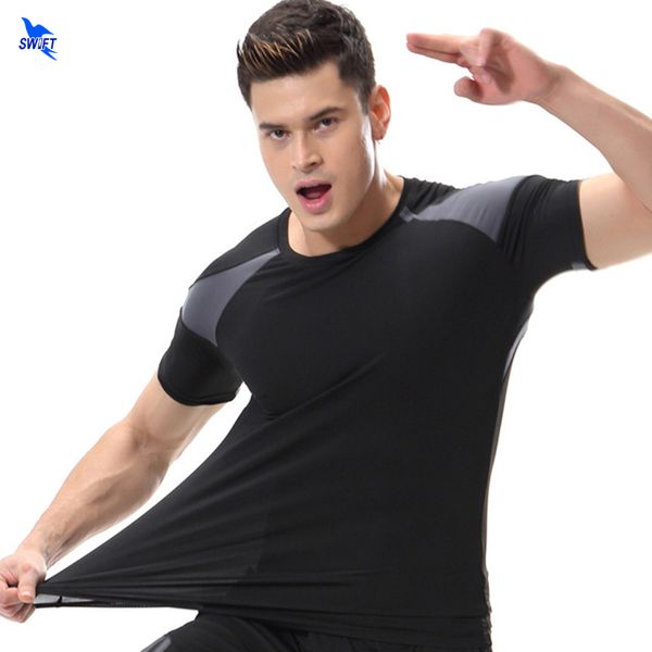 

running shirt men tee sport o-neck t-shirt patchwork short sleeve gym training workout shirt breathable sportswear clothing, Black;blue