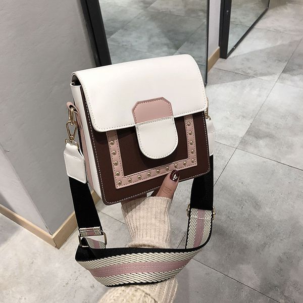 

wide shoulder strap rivet small square bag 2020 flip female bag patchwork soft pu leather covered handbag