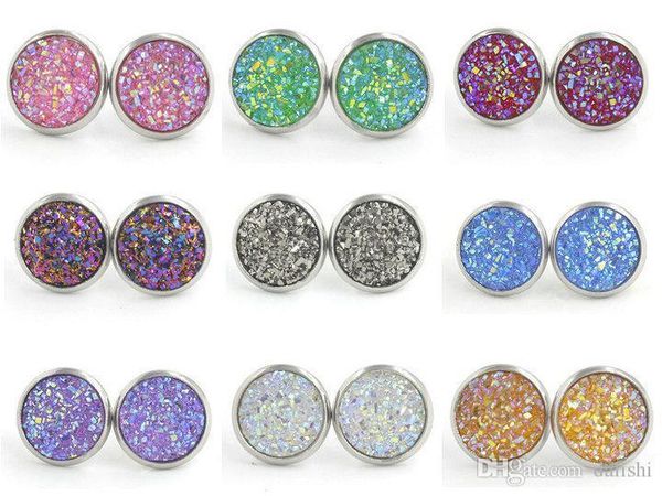 

12mm resin druzy crystals gem silver color stud earrings new stainless steel jewelry for women girl brithday, Golden;silver