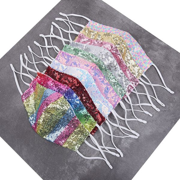 

fashion bling 3d sequins mask washable reusable face care shield sun rainbow color gold elbow shiny face cover designer masks 19colors