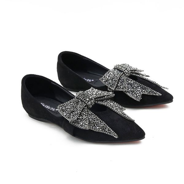 

2020 early spring new suede pointed toe women's singles all-match shallow rhinestone bow flat heel women flat shoes, Black