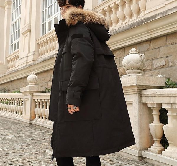 

90% white duck down jacket winter men s tooling outdoor down coat thick warm medium long raccoon hairy collar jacket003, Black