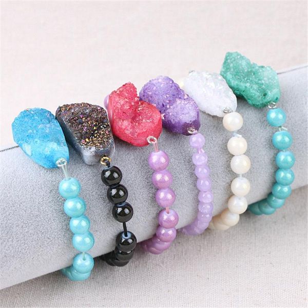 

bracelets fashion natural druzy stone agates crystal beads elastic ropes handmade woman bracelet adjustable party jewelry, Black