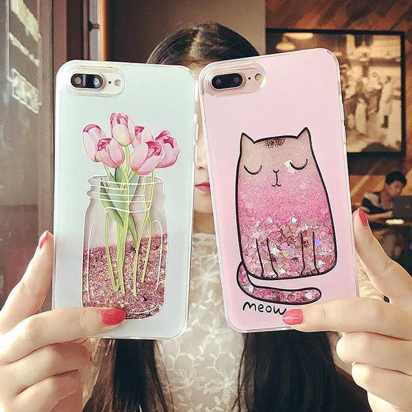 

cgjxscartoon cat flower vase girl love heart glitter stars dyanmic liquid quicksand soft tpu phone back cover for iphone 6 6s 7 plus 8 8plus
