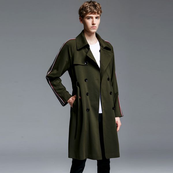 

tide windbreaker men spring autumn fashion coat smart casual long double breasted adjustable waist plus size s-6xl, Tan;black