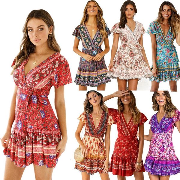

sleeved v-neck party dress ladies loose printing jumpsuit clothing summer designer women beach dress short, Black;gray