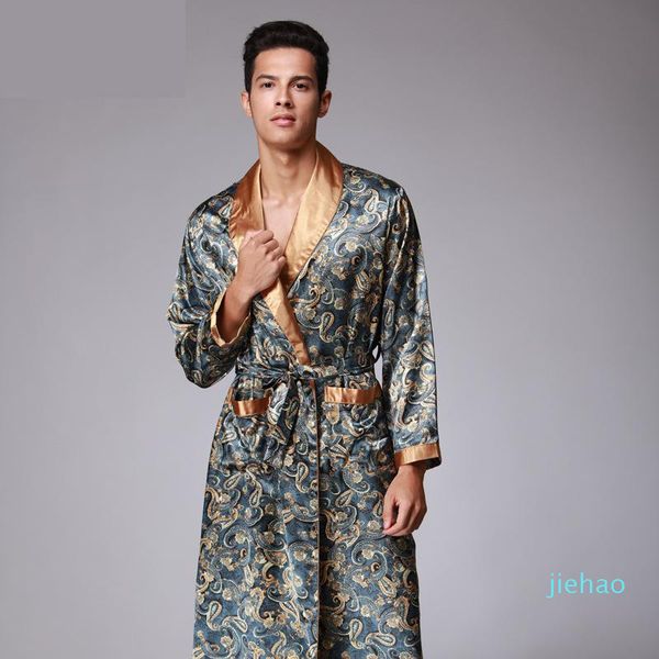 Fashion- Mens Paisley Pattern Accappatoio Kimono Robes Scollo a V Seta sintetica Pigiameria maschile Pigiami da notte Accappatoio maschile in raso