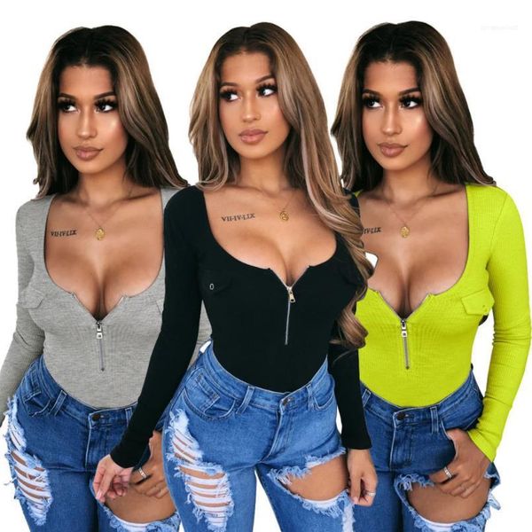 

long sleeved rompers women briefs playsuits tshirts jumpsuits one piece zipper v-neck, Black;white