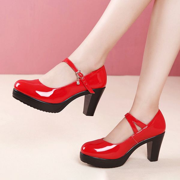 

plus size 32-43 block heel platform shoes women pumps 2020 fall patent leather shoes woman high heels office party, Black