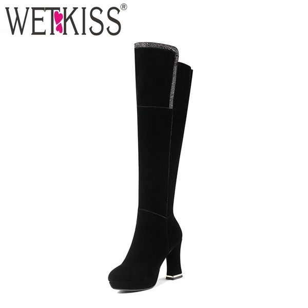 

wetkiss metal high heels daily winter boots zipper platform shoes woman boots elegant crystal knee women, Black
