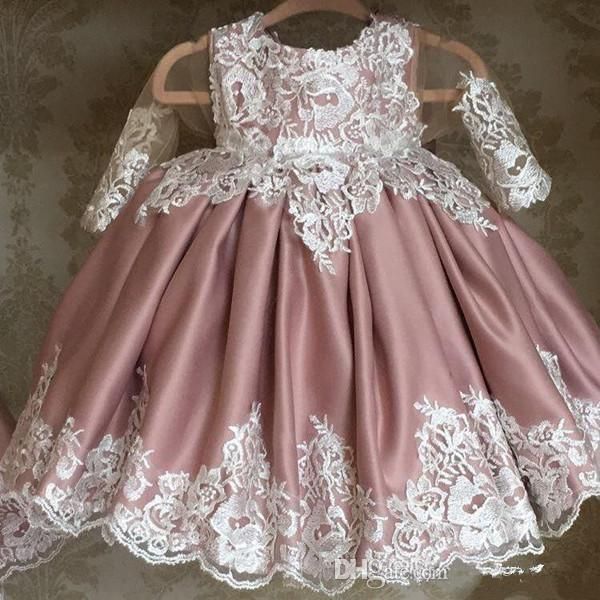 

long sleeve flower girl dresses jewel lace applique satin floor length girls pageant dresses for wedding party first communion dresses z92, White;red