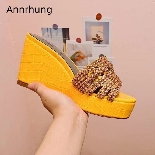 

slippers high wedges rhinestone summer shoes woman platform open toe jeweled crystal stone grain real leather runway women, Black