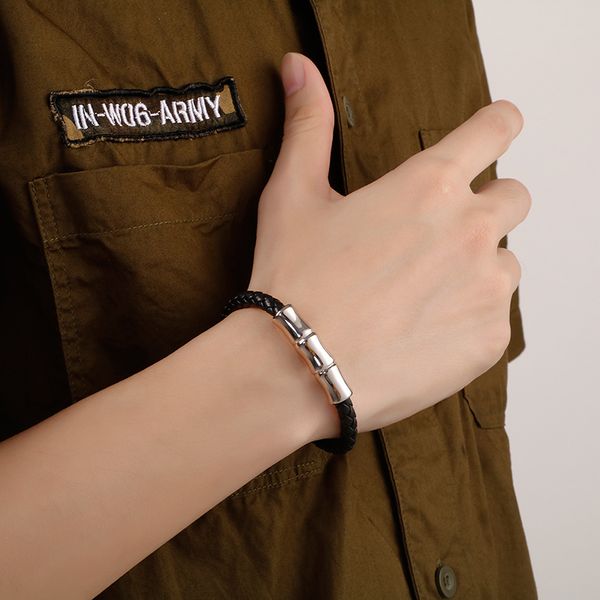 

boys women mens stainless steel fashion leather bamboo link bracelet bangle xmas gifts 8.5'', Black