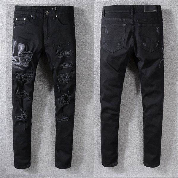 

men's luxury designer jeans, fashion mill car explosion embroidery ripped rock revival black skinny men's jeans version men's, Blue