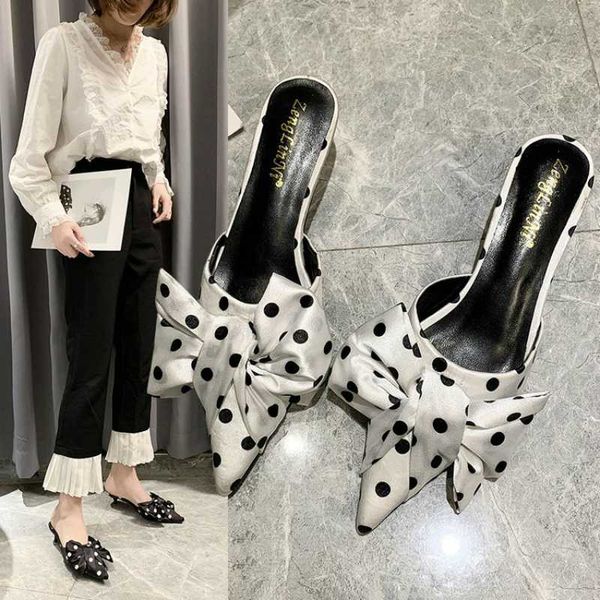 

2020 new european station net red pointed toe thin heeled high heels bow polka dot heel lazy slipper cat heel muller slippers, Black