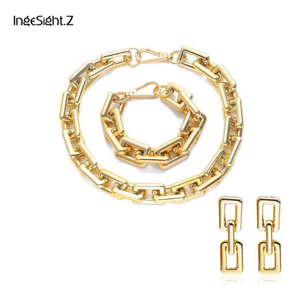 

ingesight.z gothic geometric square miami cuban necklace earrings bracelet set punk hip chunky thick choker necklaces jewelry, Silver