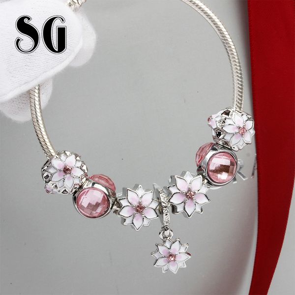 

sg magnolia bracelet europe jewelry alloy pink flower charm fit original bangle bracelet accessories for women gifts, Red;blue