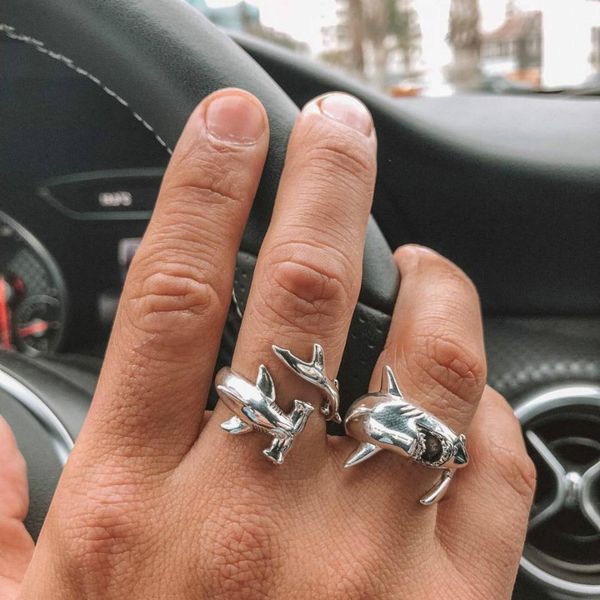 

junerain new creative animals shark rings for women silver color fashion adjustable opening metal ring punk style party jewelry