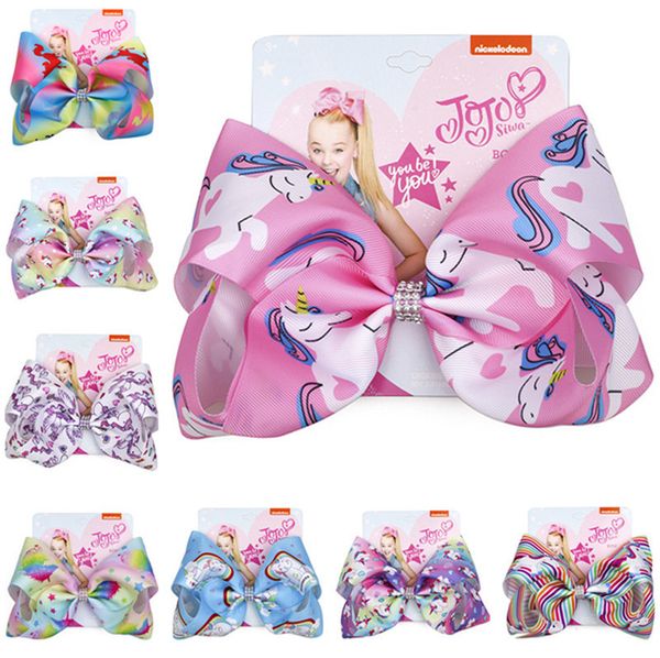 8 Polegada jojo siwa pino clipes presilhas designers arcos dos desenhos animados unicórnio hairclip bonito headress acessórios de cabelo com cartão de papel d82803