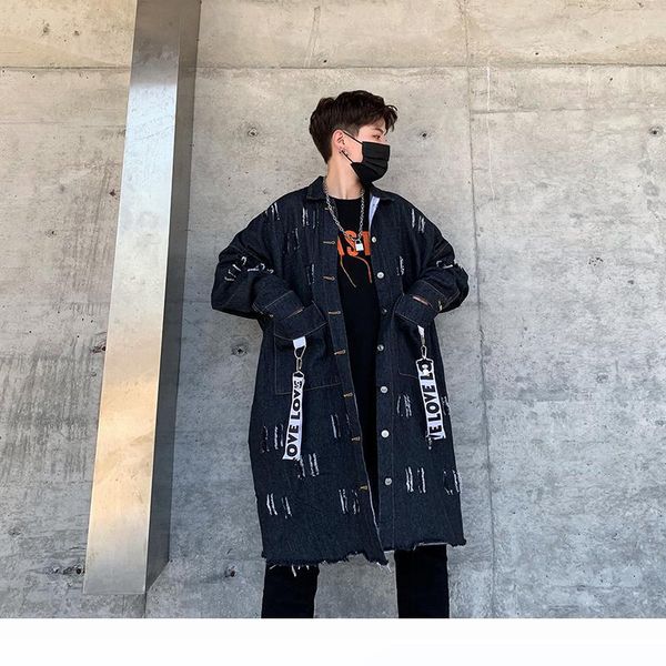

2019 autumn casual tide holes black long hip-hop cowboy men's windbreaker leisure pendant loose trench coat male overcoat -2xl, Tan;black