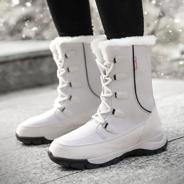

fashion outdoor plus size women cross-tied mid snow boots lady plush waterproof patchwork lace-up mid-calf sneakers boots 191114, Black