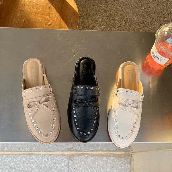 

2020 chunky heels slipper women rivet mules slip on slide bow knot round toe shoes leather loafers flip flops zapatos de mujer, Black
