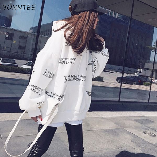 

hoodies women hooded long letter printed solid loose womens hoodie korean style ladies leisure harajuku all-match simple trendy, Black