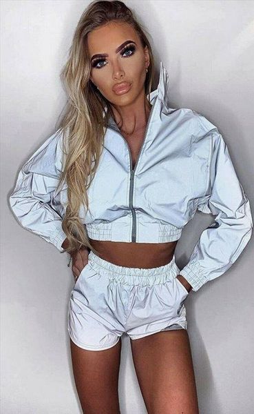 

new 1pcs women clothes grey reflective zip front jacket ladies summer tracksuit clothing for female, Gray