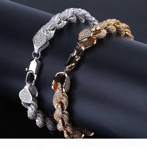 

18k gold iced out full cubic zircon mens hip hop cuban rope bracelet rock punk rapper diamond jewelry copper wrist chains gifts for men, Black