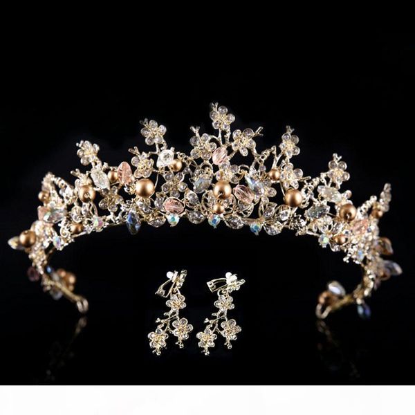 

baroque style rhinestone queen wedding crowns with earrings for women handmade bridal crystal tiaras hair jewelry accessorie, White;golden