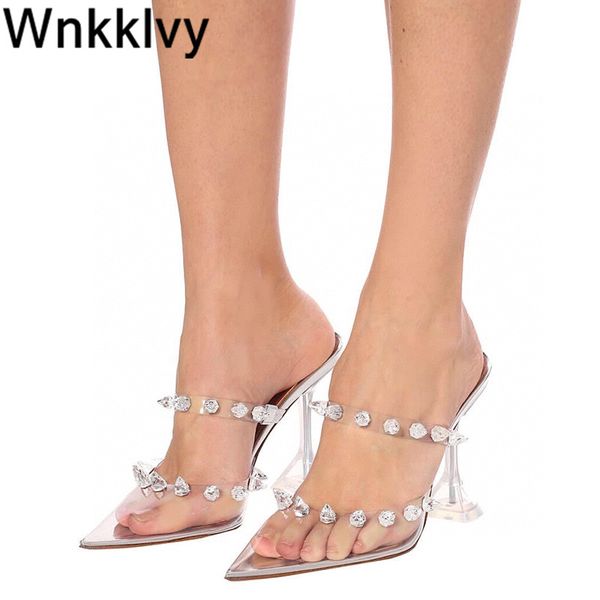 

transparent cup high heel slippers women pointed toe ctystal rivets decor clear pvc sandals party dress sandalias 2020 runway, Black