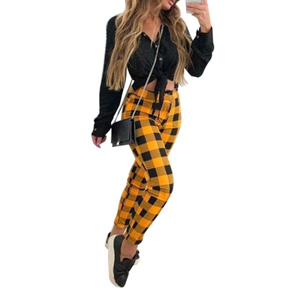

women's pants & capris korean style women slim fitted high waist straight plaid print ankle-length zipper trousers female autumn outfit, Black;white