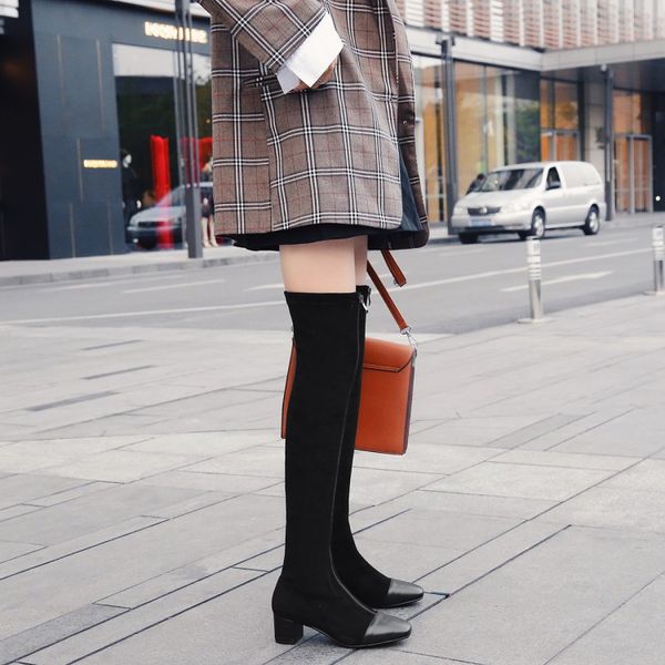 

boots big size elastic with sharp zipper and thick heel, Black