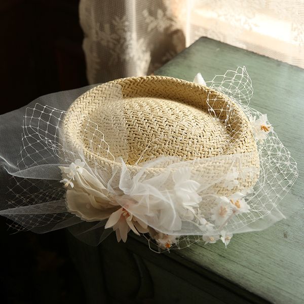 

handmade mini straw fascinator hat headwear summer spring flower veil staw wedding headress ladies p shoot headpieces, Blue;gray