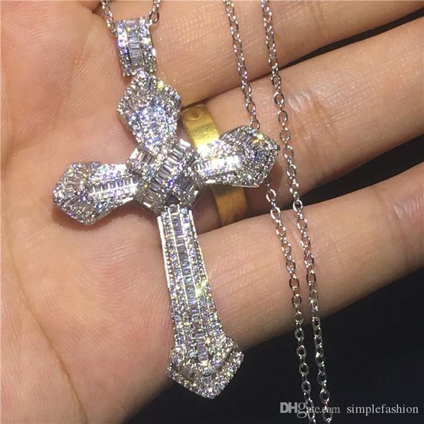 

vecalon fashion big cross pendant 925 sterling silver diamond wedding engagement pendants with necklace for women men jewelry