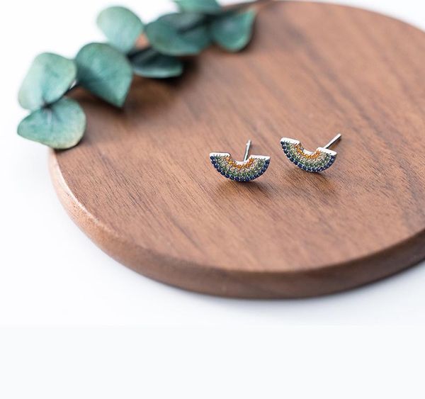 

mloveacc real 925 sterling silver pretty cz rainbow stud earrings for women lady friend002, Golden;silver