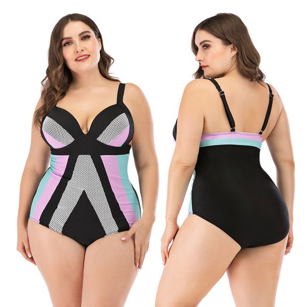 

2020 new large size 4xl one piece swimsuit women backless plus big swimwear slim beach bathing suit black printed striped