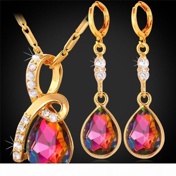 

женская цирконий комплект ювелирных изделий золота 18k платиновый покрытием изысканный красочный камень teardrop серьги ожерелье set, Silver