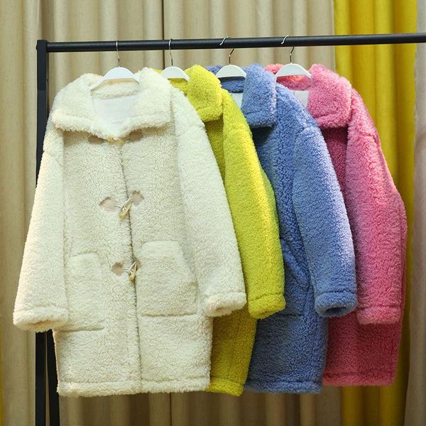 

women 2020 new autumn winter loose medium long windbreaker lamb fur coat teddy jacket female faux fur thick warm outerwear h114, Black