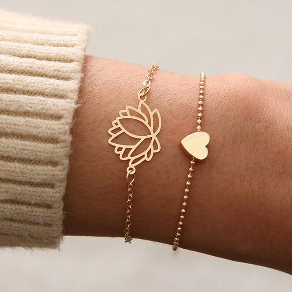 

s1734 fashion jewelry double layer bracelet hollow out flower heart pendant bracelets, Golden;silver