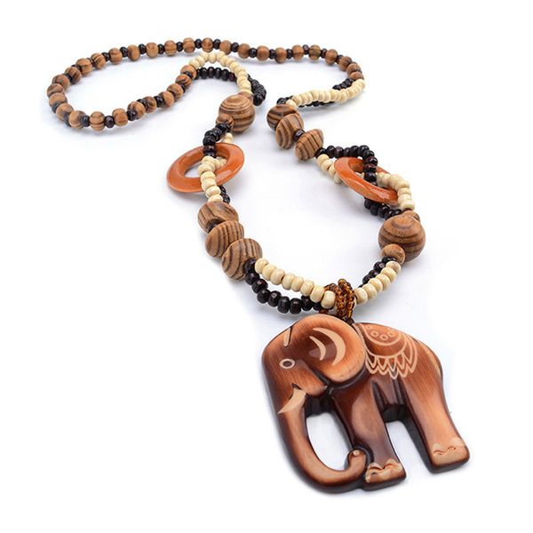 

2020 boho ethnic jewelry long hand made bead wood elephant pendant maxi necklace for women wholesale price, Silver