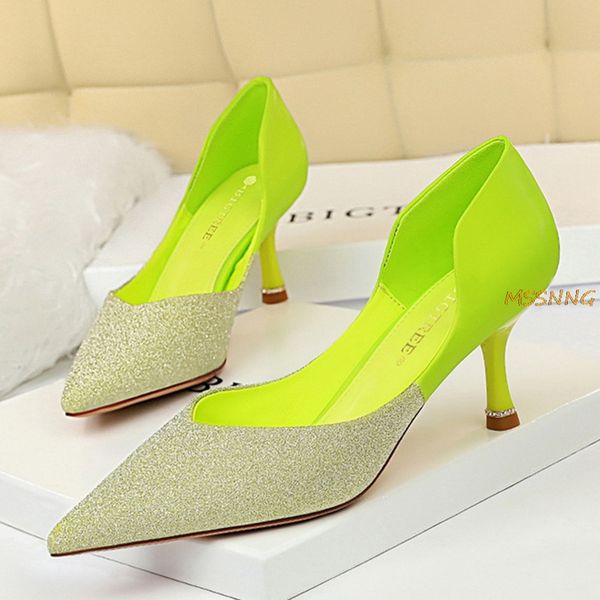 

2020 designer women sparkly 6cm crystal high heels pumps stiletto glitter crystal neon lime green pink low heels bridal shoes, Black