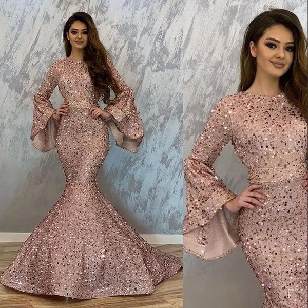 Yeni Seksi Bling Rose Gold Pullarda Abiye Kadınlar Denizkızı Şair Uzun Kollu payetli Dantel Örgün Hüsniye Moda Parti törenlerinde için Wear