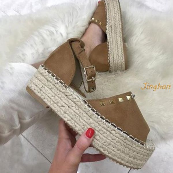 

2020 летний hotsale женские пляж комфорт сандалии rivet сандалии соломы толстым дном рыбы рот плоское дно женская обувь, Black