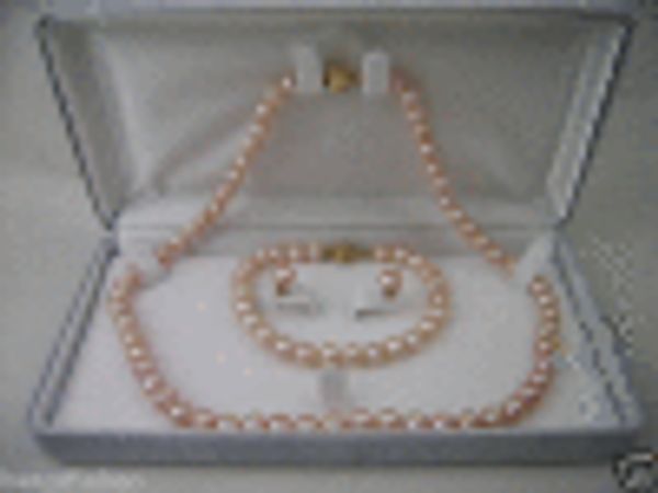 

fine natural 7-8mm akoya pink pearl necklace bracelet earrings set 14k, Black