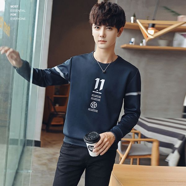 

korean casual clothing 2020 fall/winter new men's round neck pullover printed loose long pullover sweater sweater sleeve men's top, Black